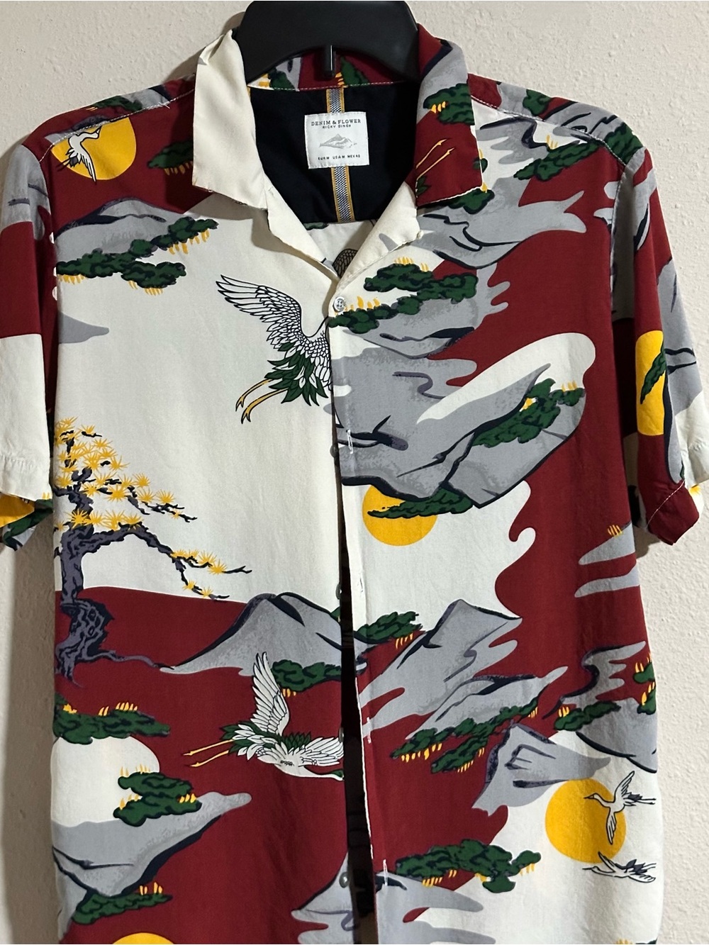 Denim & Flower Ricky Singh Burgundy, Cream & Yellow Crane Print Shirt - Picture 2 of 9